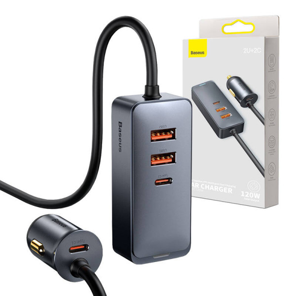 Automobilinis įkroviklis Baseus Share Together su ilginamuoju laidu 2x USB 2x USB-C 120W pilka