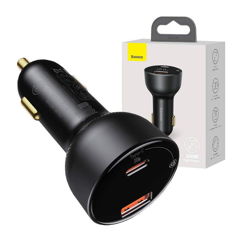 Automobilinis įkroviklis Baseus Superme USB USB-C 100W juodas Automobilinis įkroviklis Baseus Superme USB USB-C 100W juodas