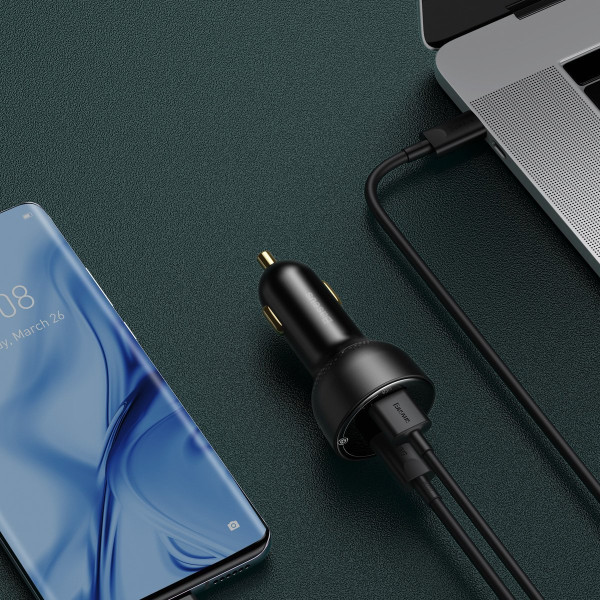 Automobilinis įkroviklis Baseus Superme USB USB-C 100W + USB-C laidas juodas