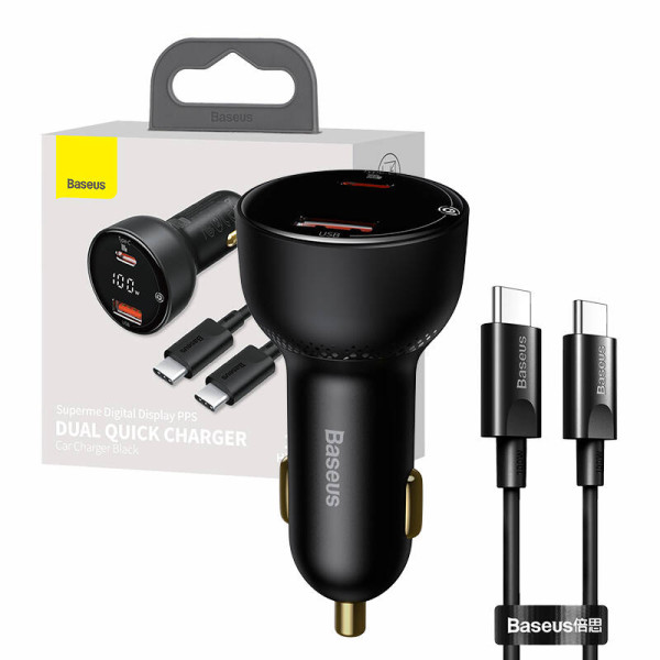 Automobilinis įkroviklis Baseus Superme USB USB-C 100W + USB-C laidas juodas