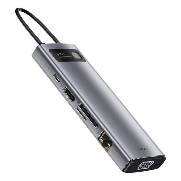 Hub 9in1 Baseus Metal Gleam Series USB-C iki 3x USB 30 + HDMI + USB-C PD + Ethernet RJ45 + microSD/SD + VGA