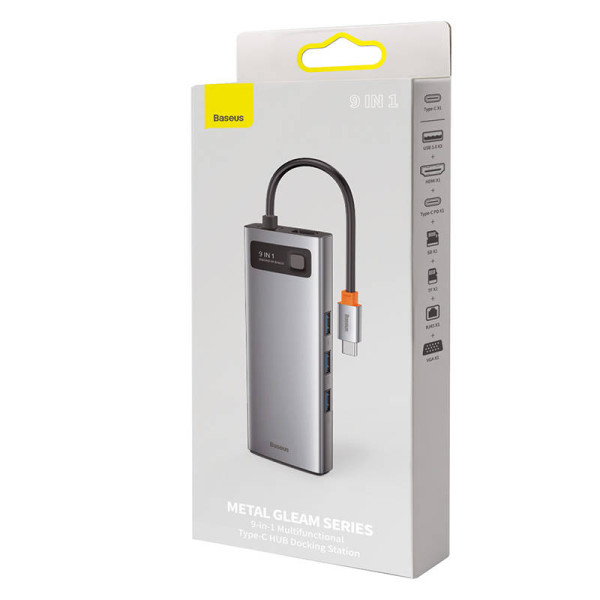 Hub 9in1 Baseus Metal Gleam Series USB-C iki 3x USB 30 + HDMI + USB-C PD + Ethernet RJ45 + microSD/SD + VGA