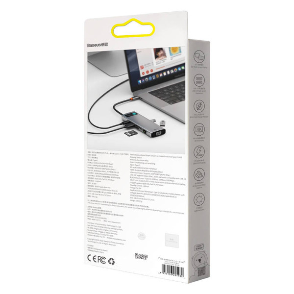 Hub 9in1 Baseus Metal Gleam Series USB-C iki 3x USB 30 + HDMI + USB-C PD + Ethernet RJ45 + microSD/SD + VGA