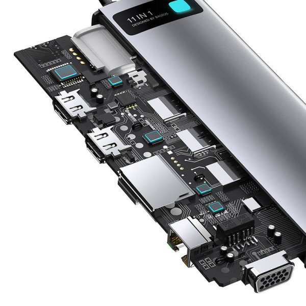 Hub 11in1 Baseus Metal Gleam Series USB-C iki 3x USB 30 + 2x HDMI + USB-C PD + Ethernet RJ45 + microSD/SD + VGA + AUX