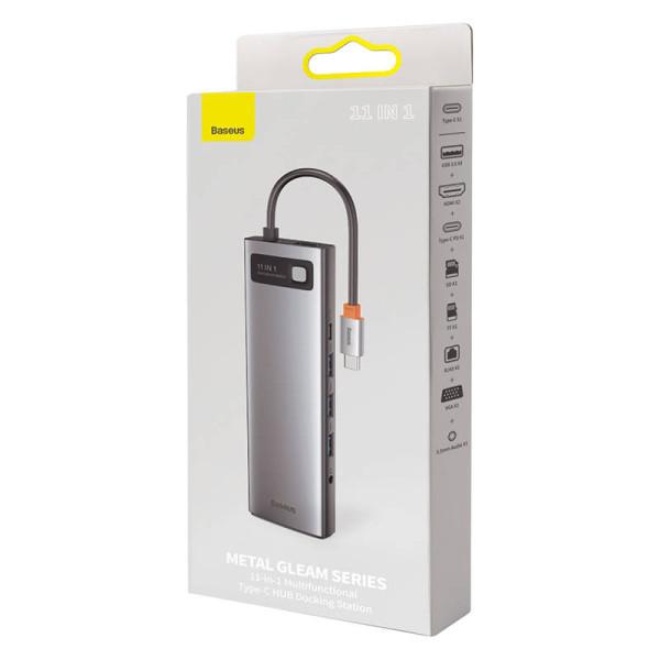 Hub 11in1 Baseus Metal Gleam Series USB-C iki 3x USB 30 + 2x HDMI + USB-C PD + Ethernet RJ45 + microSD/SD + VGA + AUX