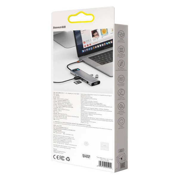 Hub 11in1 Baseus Metal Gleam Series USB-C iki 3x USB 30 + 2x HDMI + USB-C PD + Ethernet RJ45 + microSD/SD + VGA + AUX