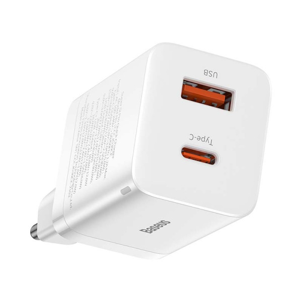 Baseus Super Si Pro greitas įkroviklis USB + USB-C 30W balta