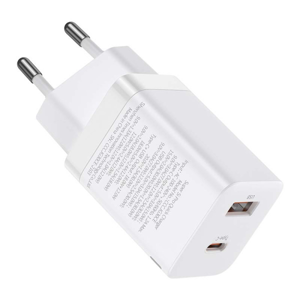 Baseus Super Si Pro greitas įkroviklis USB + USB-C 30W balta