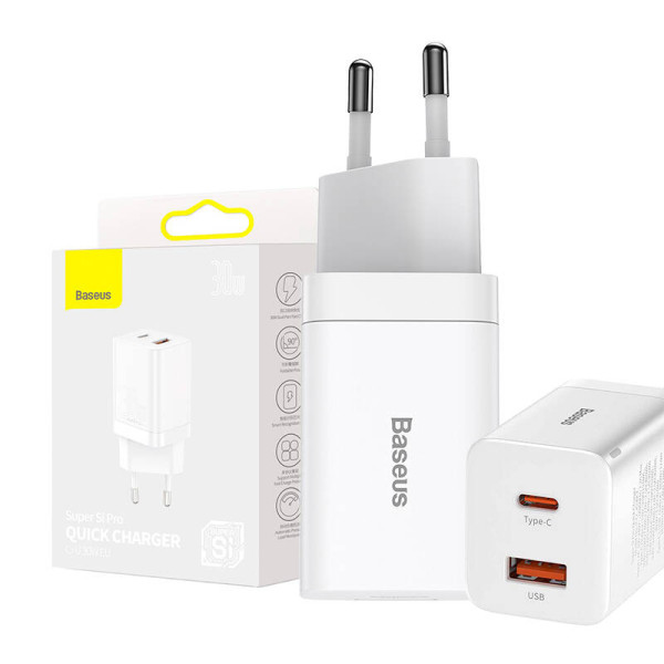 Baseus Super Si Pro greitas įkroviklis USB + USB-C 30W balta