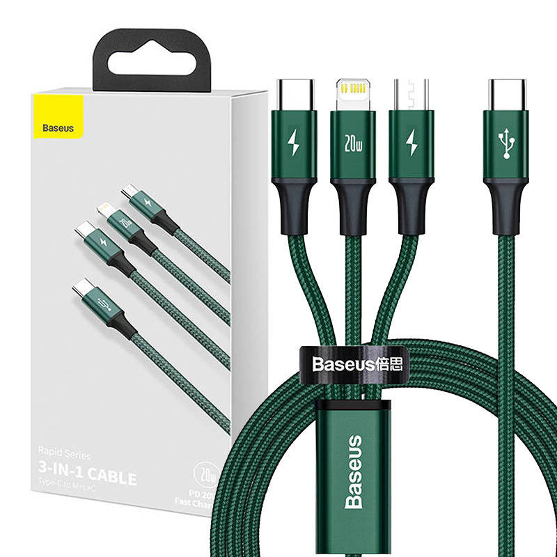„Baseus Rapid“ serijos „trys viename“ kabelis USB-C skirtas M+L+T 20 W 15 m žalias „Baseus Rapid“ serijos „trys viename“ kabelis USB-C skirtas M+L+T 20 W 15 m žalias