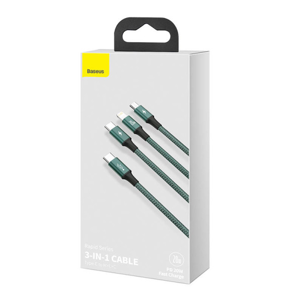 „Baseus Rapid“ serijos „trys viename“ kabelis USB-C skirtas M+L+T 20 W 15 m žalias