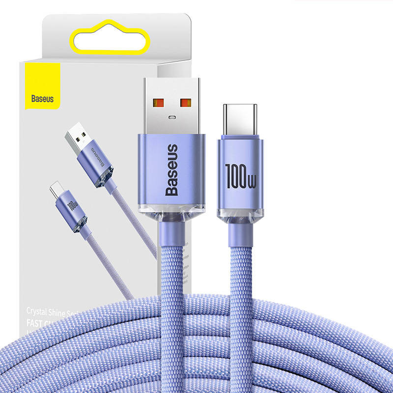 „Baseus Crystal Shine“ kabelis iš USB į USB-C 100 W 2 m violetinė „Baseus Crystal Shine“ kabelis iš USB į USB-C 100 W 2 m violetinė